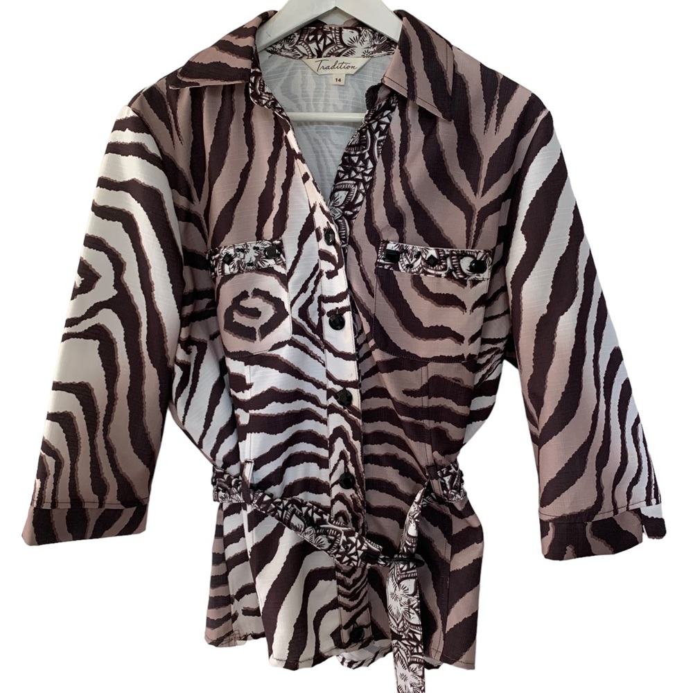 Vintage Zebra Print Button Up Shirt Women’s Size 14 Brown & Cream